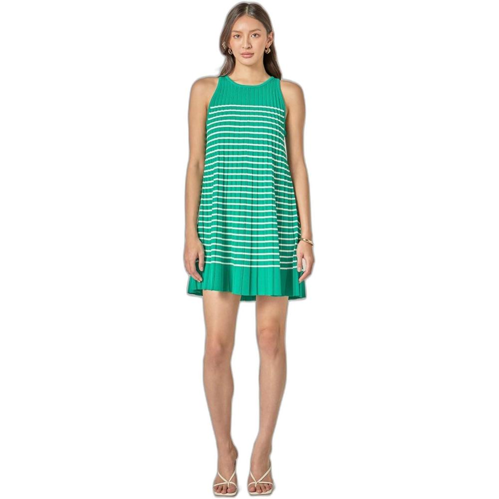 image:imageEnglish Factory Womens The Clara Pleated ALine Knit Stripe Mini DressGreenWhite