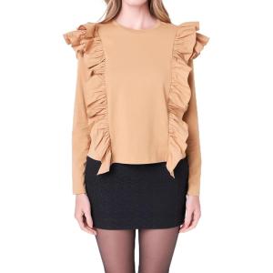 English Factory Women’s Poplin Ruffle Detail T-shirt Top, Tan, M