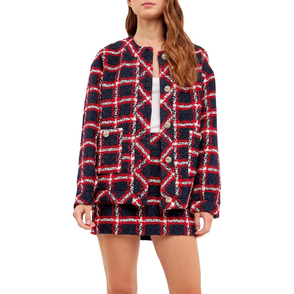 image:imageEnglish Factory Womens Plaid Boucle Jacket Navy XSmall
