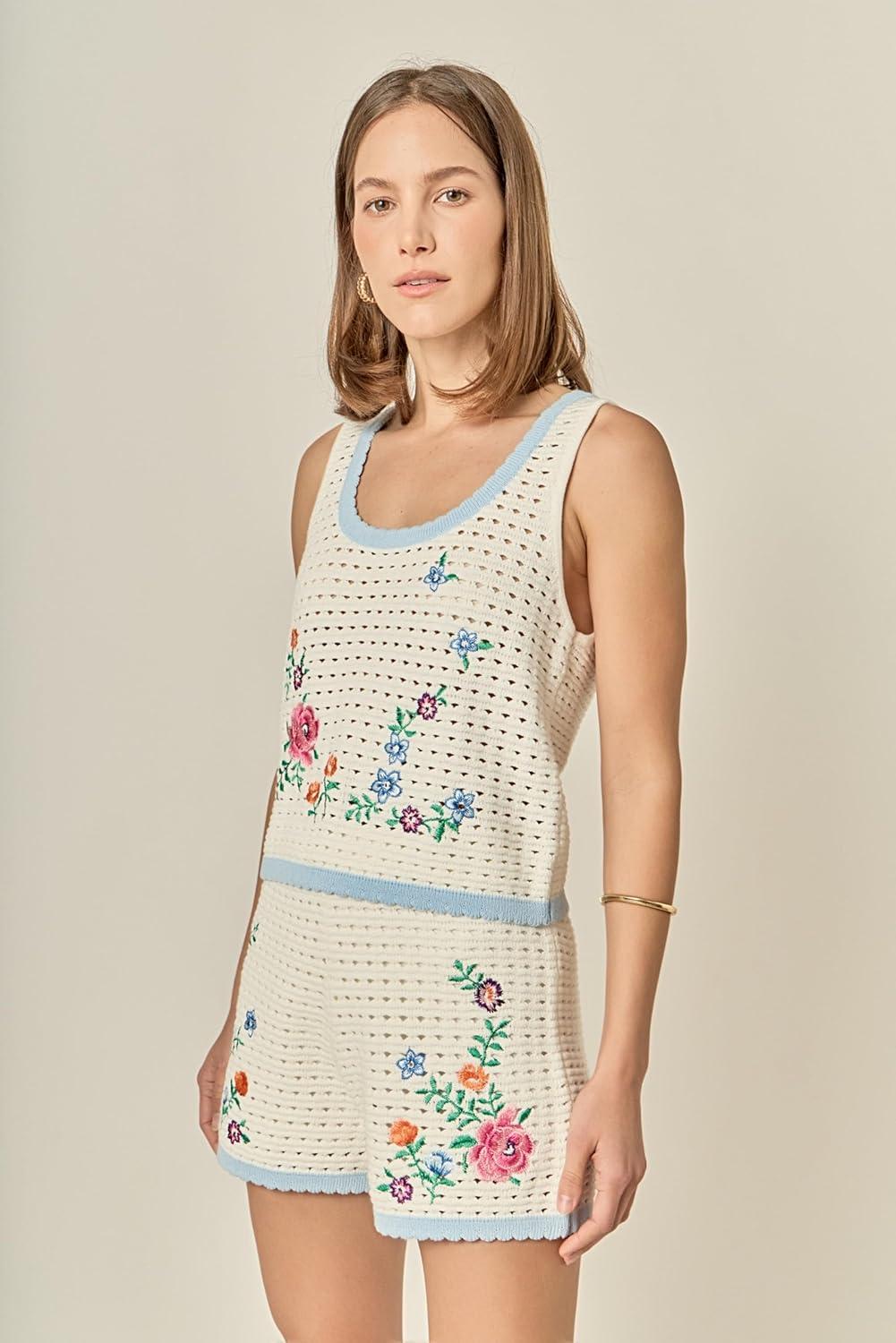 image:imageEnglish Factory Womens Flower Embroidery Crochet TopOffwhite