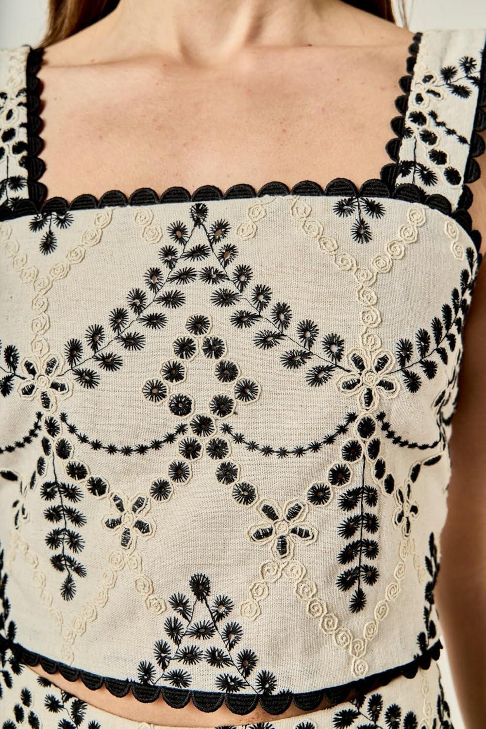 image:imageEnglish Factory Womens Linen Embroidered Sleeveless TopBeigeBlack