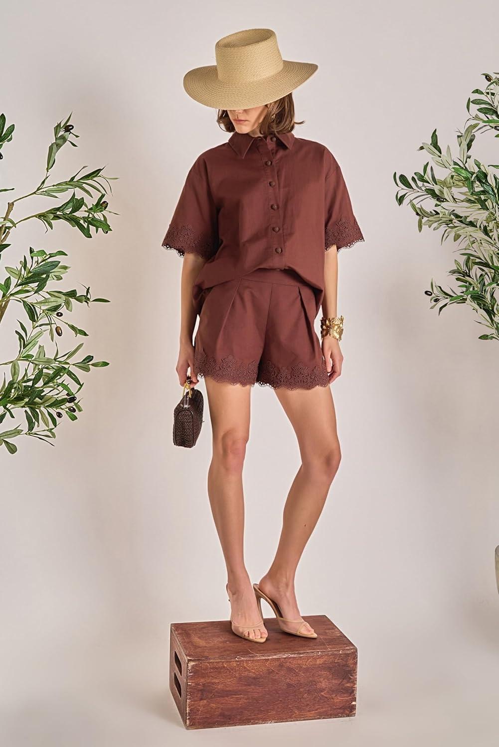 image:imageEnglish Factory Womens Linen Lace ShirtChocolate Brown