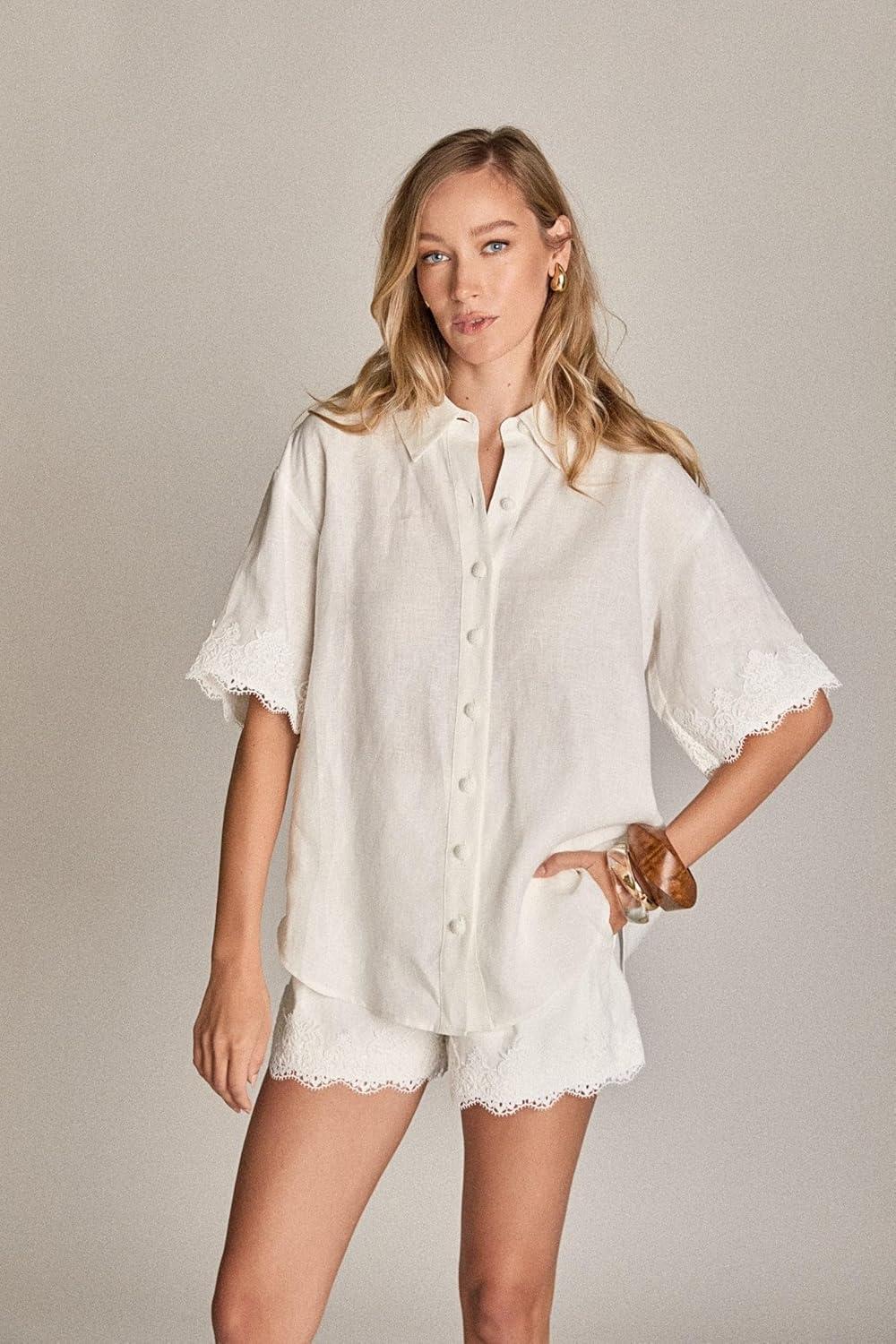 image:imageEnglish Factory Womens Linen Lace ShirtWhite