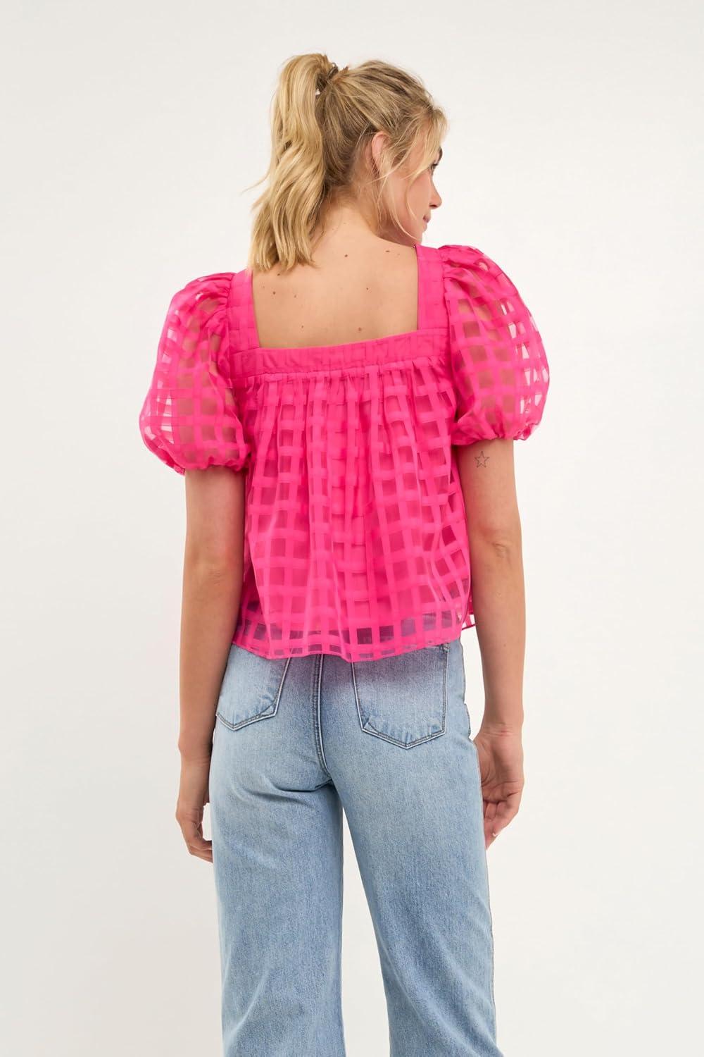 image:imageEnglish Factory Womens Organza Gridded Square Neck Crop Top Fuchsia M
