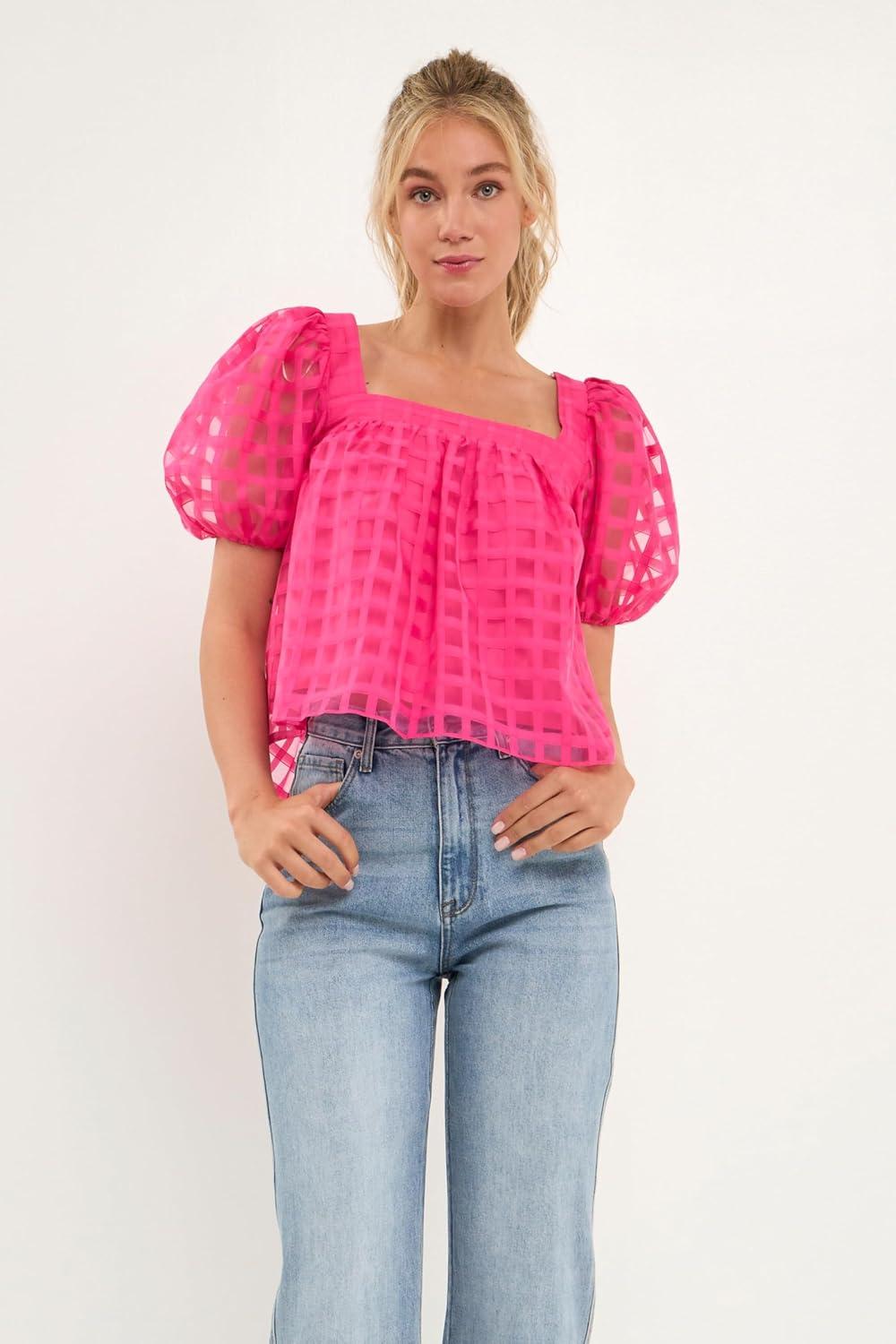 image:imageEnglish Factory Womens Organza Gridded Square Neck Crop Top Fuchsia M