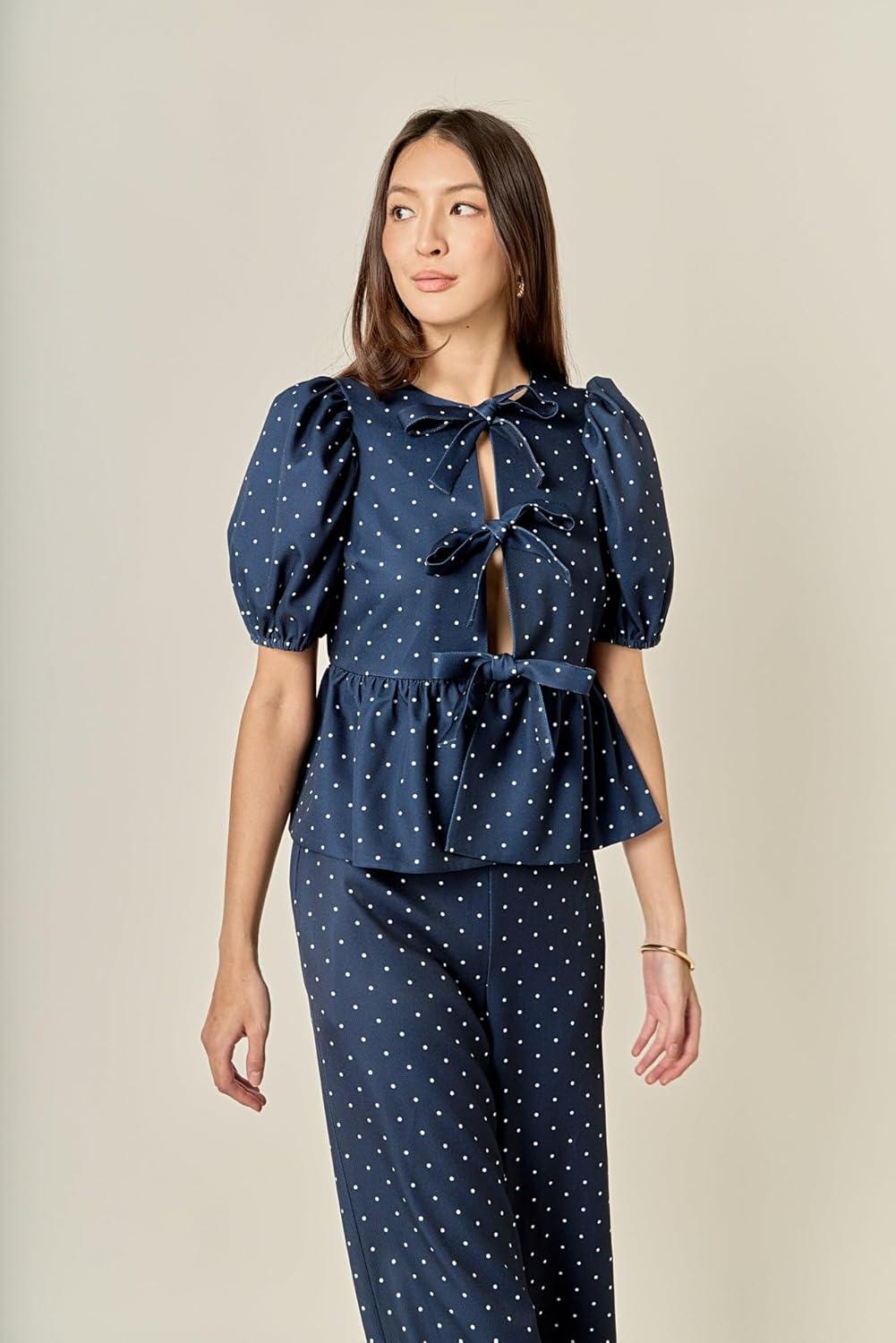 image:imageEnglish Factory Womens Polka Dot Puff Sleeve TopNavy