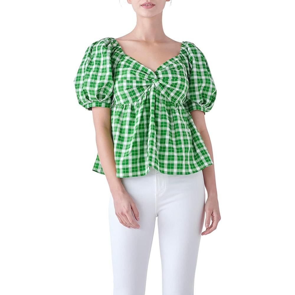 image:imageEnglish Factory Womens Gingham Twisted Puff Sleeve Top Green
