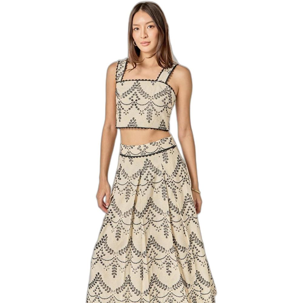 image:imageEnglish Factory Womens Linen Embroidered Sleeveless TopBeigeBlack