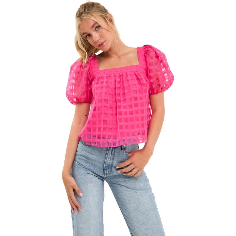 image:imageEnglish Factory Womens Organza Gridded Square Neck Crop Top Fuchsia S