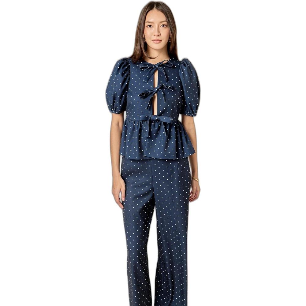 image:imageEnglish Factory Womens Polka Dot Puff Sleeve TopNavy