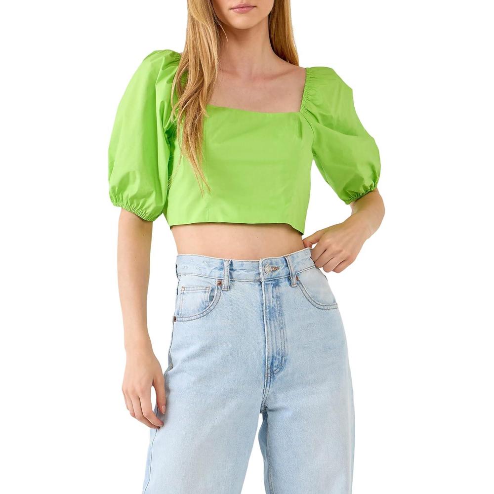 image:imageEnglish Factory Womens Puff Sleeve Top with Back Bow Green