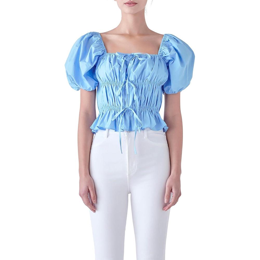 image:imageEnglish Factory Womens Tie Detail Shirring Top with Short Sleeves Powder Blue XS