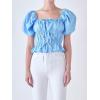 English Factory Women’s Tie Detail Shirring Top with Short Sleeves, Powder Blue, S