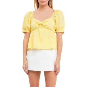 English Factory Women’s Check Print Puff Sleeves Top, Yellow, L