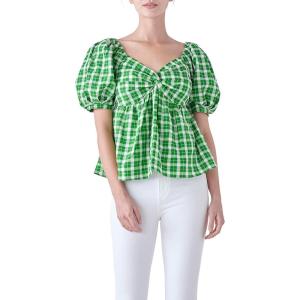 English Factory Women’s Gingham Twisted Puff Sleeve Top Green