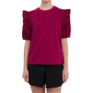 English Factory Women’s Mixed Media Ruffle Blouson Top, Grape, S