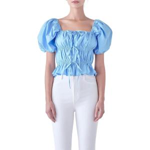 English Factory Women’s Tie Detail Shirring Top with Short Sleeves, Powder Blue, S