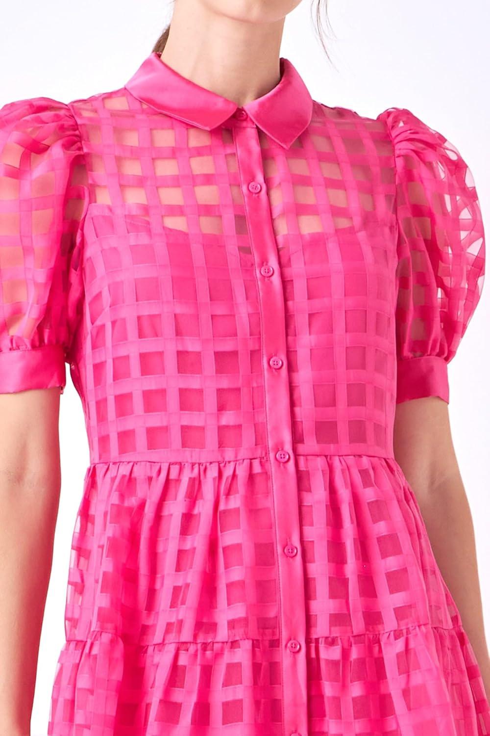 image:imageEnglish Factory Womens Collar Neckline Gridded Organza Tiered Short Puff Sleeve Buttoned ALine Maxi DressFuchsia