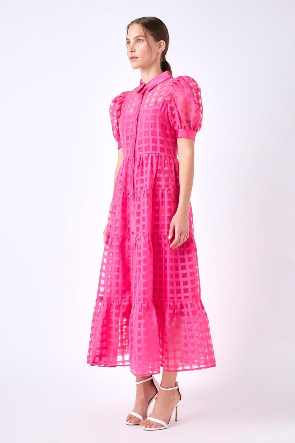 image:imageEnglish Factory Womens Collar Neckline Gridded Organza Tiered Short Puff Sleeve Buttoned ALine Maxi DressFuchsia