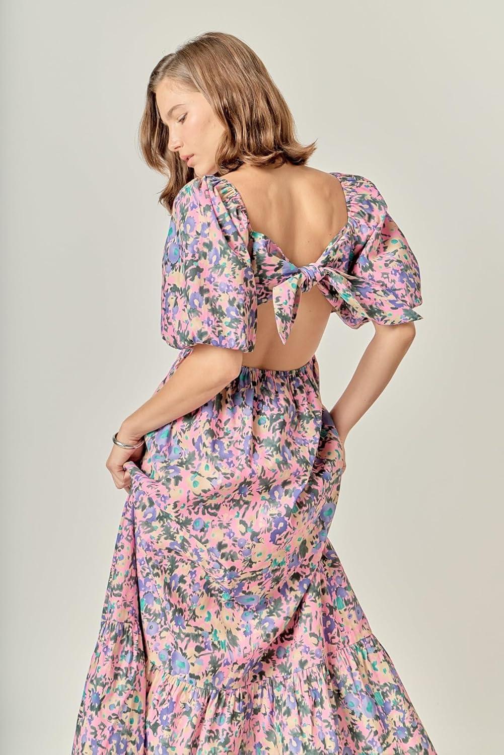 image:imageEnglish Factory Womens Open Back Tie Maxi DressPink Multi