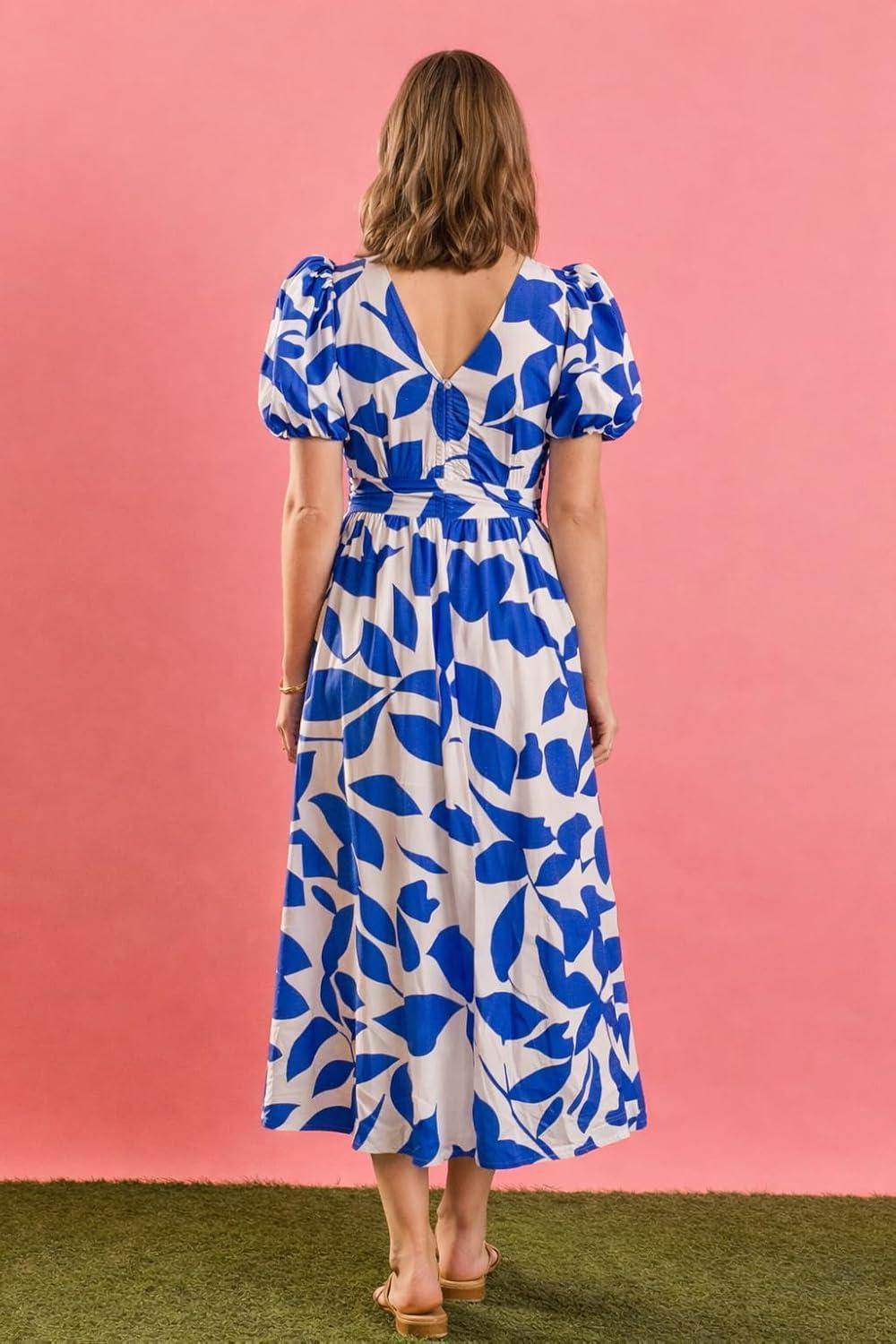 image:imageEnglish Factory Womens Puff Sleeve Print Ruched Midi DressMulti Blue