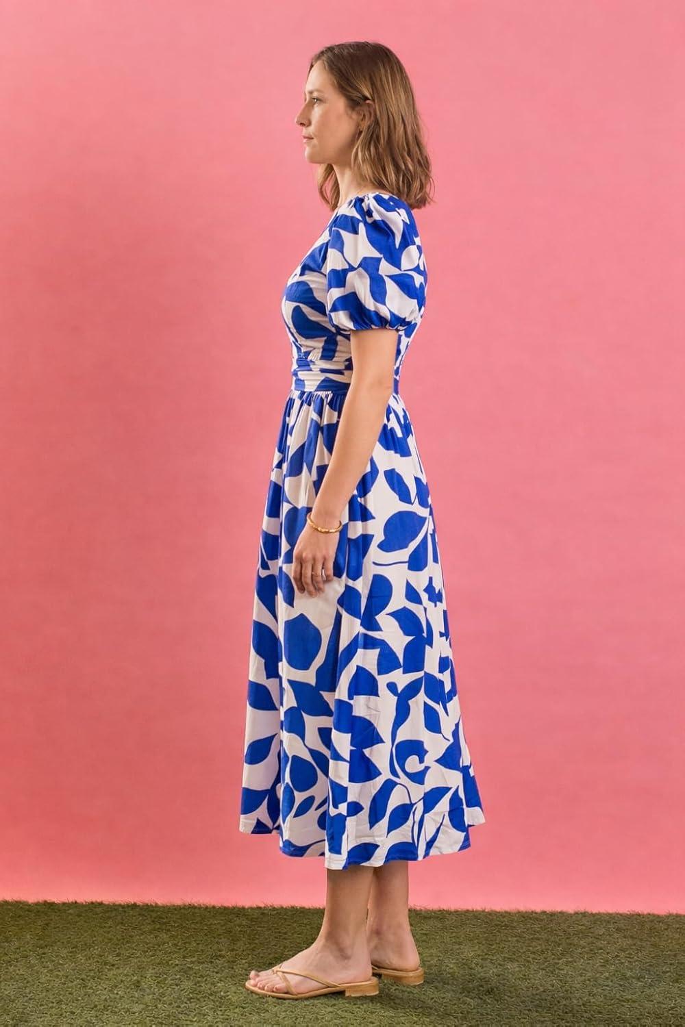 image:imageEnglish Factory Womens Puff Sleeve Print Ruched Midi DressMulti Blue
