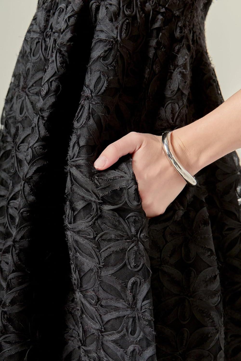 image:imageEnglish Factory Womens Thin Strapped Floral Embroidery Sleeveless Midi DressBlack