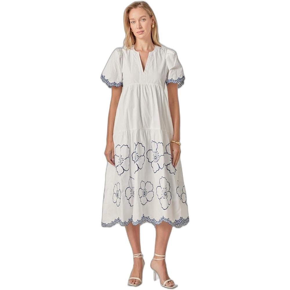 image:imageEnglish Factory Womens Blossom Edge Midi DressIvoryNavy