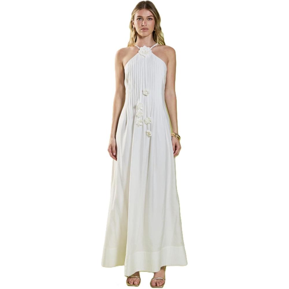 image:imageEnglish Factory Womens Crochet Flower Trim Sheer Halter Maxi DressOffwhite