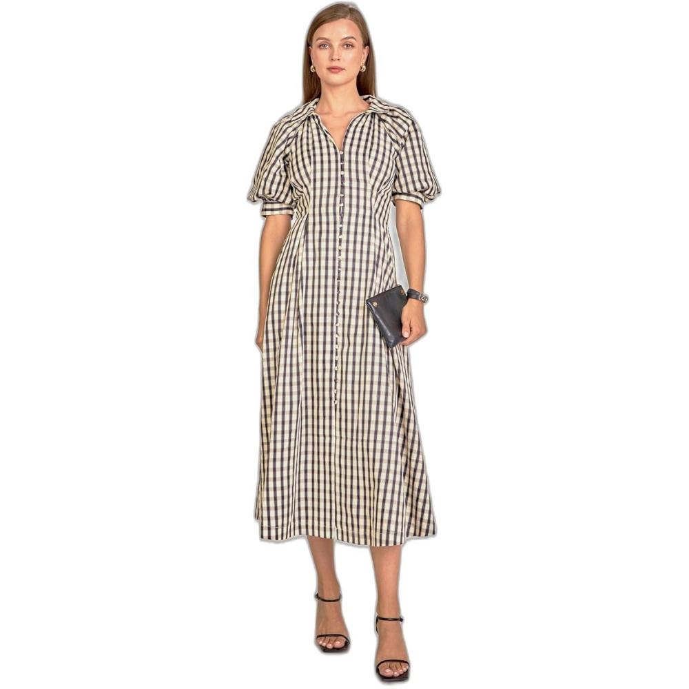 image:imageEnglish Factory Womens Gingham Check Midi DressBlack Multi