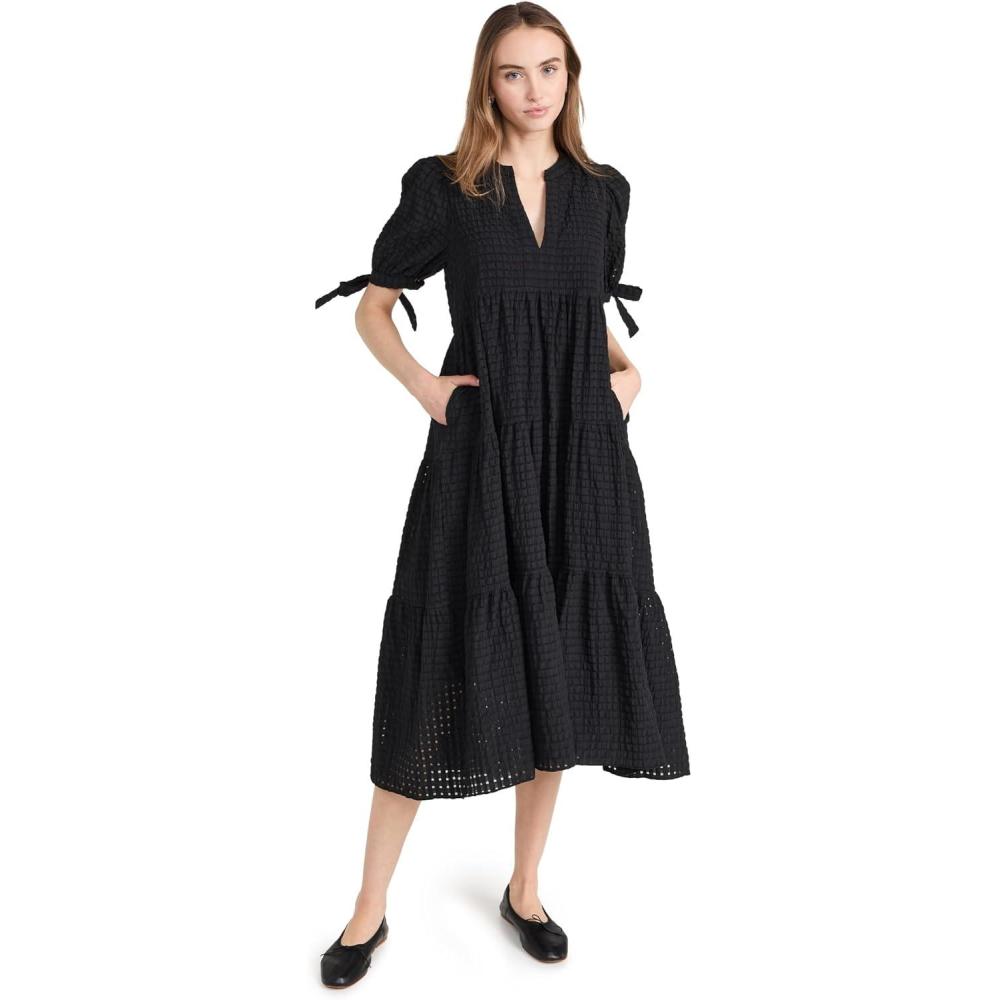 image:imageEnglish Factory Womens Gingham Tiered Midi Dress with Bow Tie SleevesBlack