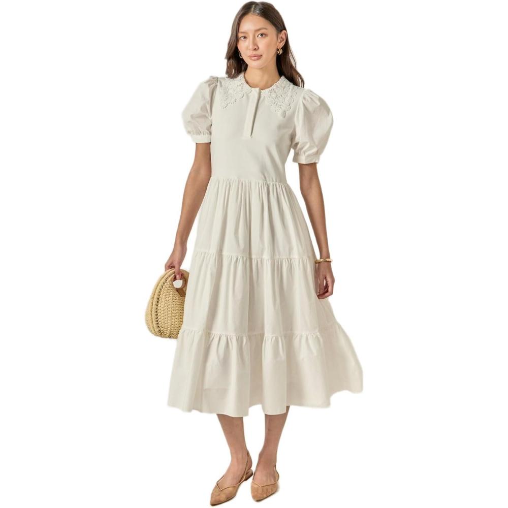 image:imageEnglish Factory Womens Mixed Media Embroidered Collar Midi DressWhite