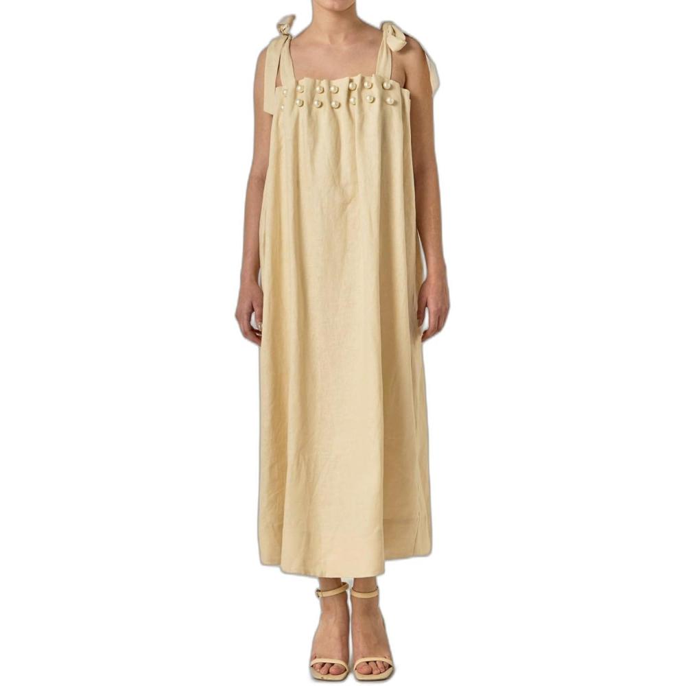 image:imageEnglish Factory Womens Pearl Detailed Midi Linen DressNatural