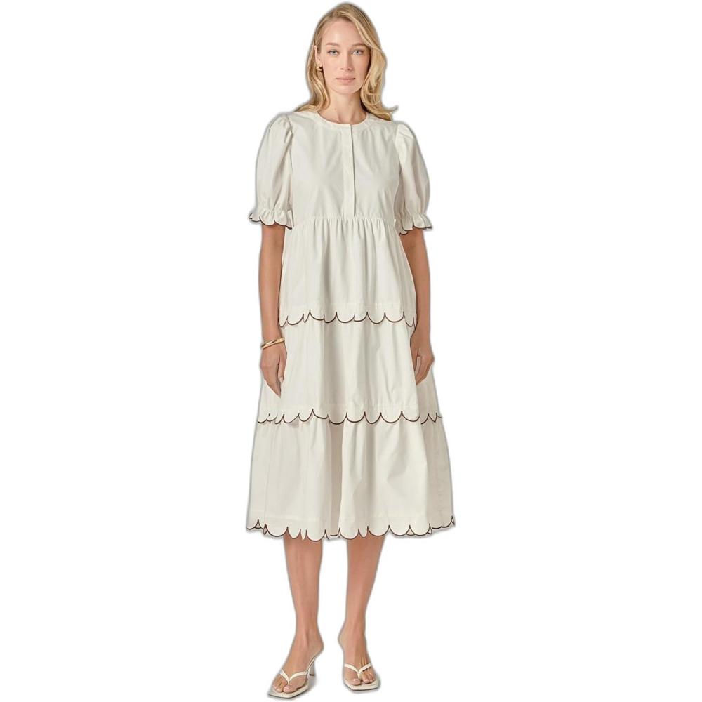 image:imageEnglish Factory Womens Scalloped Edge Midi DressCreamBrown