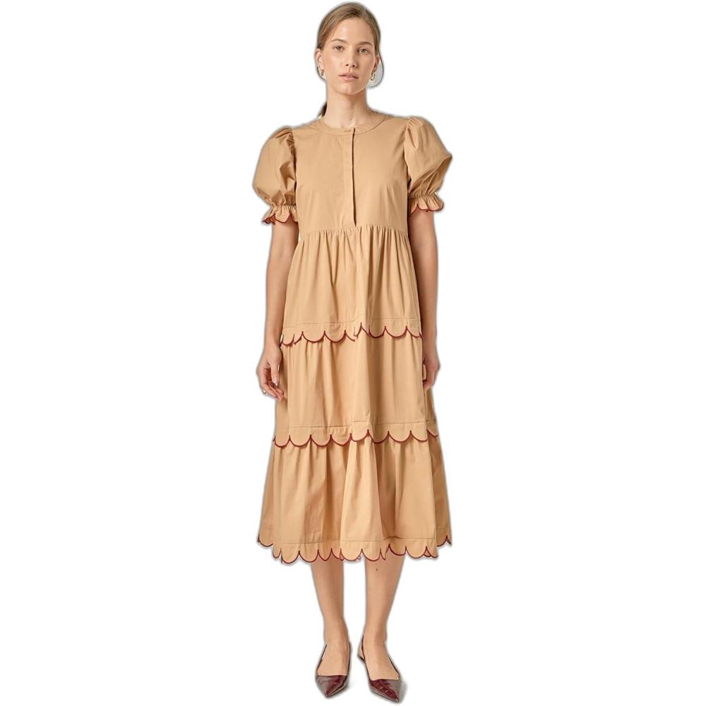 image:imageEnglish Factory Womens Scalloped Edge Midi DressTanBurgundy