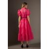 English Factory Women’s Collar Neckline Gridded Organza Tiered Short Puff Sleeve Buttoned A-Line Maxi Dress(Fuchsia)