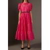 English Factory Women’s Collar Neckline Gridded Organza Tiered Short Puff Sleeve Buttoned A-Line Maxi Dress(Fuchsia)