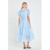 English Factory Women’s Collar Neckline Gridded Organza Tiered Short Puff Sleeve Buttoned A-Line Maxi Dress(Powder Blue)