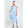 English Factory Women’s Collar Neckline Gridded Organza Tiered Short Puff Sleeve Buttoned A-Line Maxi Dress(Powder Blue)