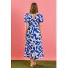 English Factory Women’s Puff Sleeve Print Ruched Midi Dress(Multi Blue)