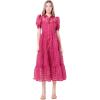 English Factory Women’s Collar Neckline Gridded Organza Tiered Short Puff Sleeve Buttoned A-Line Maxi Dress(Bordeaux)
