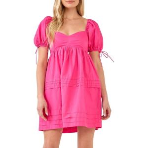 English Factory Pleated Detail Puff Sleeve Mini Dress(Pink)