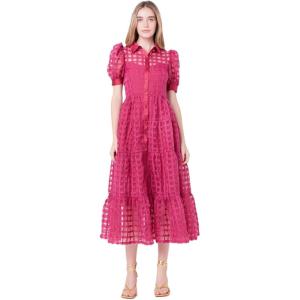 English Factory Women’s Collar Neckline Gridded Organza Tiered Short Puff Sleeve Buttoned A-Line Maxi Dress(Bordeaux)