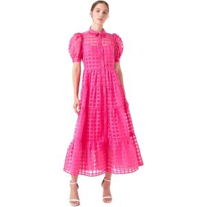 English Factory Women’s Collar Neckline Gridded Organza Tiered Short Puff Sleeve Buttoned A-Line Maxi Dress(Fuchsia)
