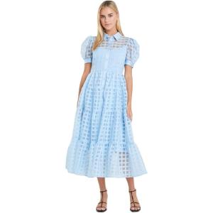 English Factory Women’s Collar Neckline Gridded Organza Tiered Short Puff Sleeve Buttoned A-Line Maxi Dress(Powder Blue)