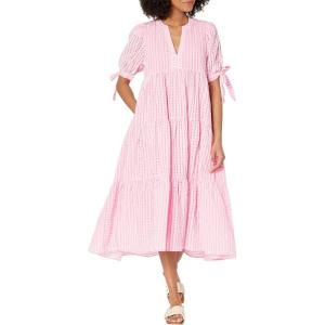 English Factory Women’s Gingham Tiered Midi Dress with Bow Tie Sleeves(Pink)