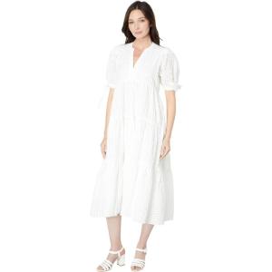 English Factory Women’s Gingham Tiered Midi Dress with Bow Tie Sleeves(White)