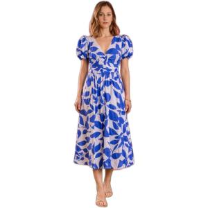 English Factory Women’s Puff Sleeve Print Ruched Midi Dress(Multi Blue)