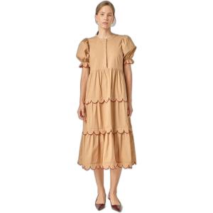 English Factory Women’s Scalloped Edge Midi Dress(Tan/Burgundy)