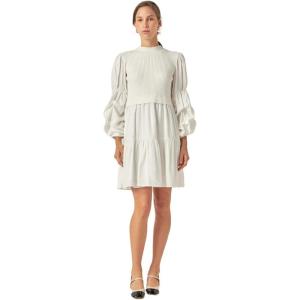 Side Tie Mixed Media Mini Dress(Ivory/White)